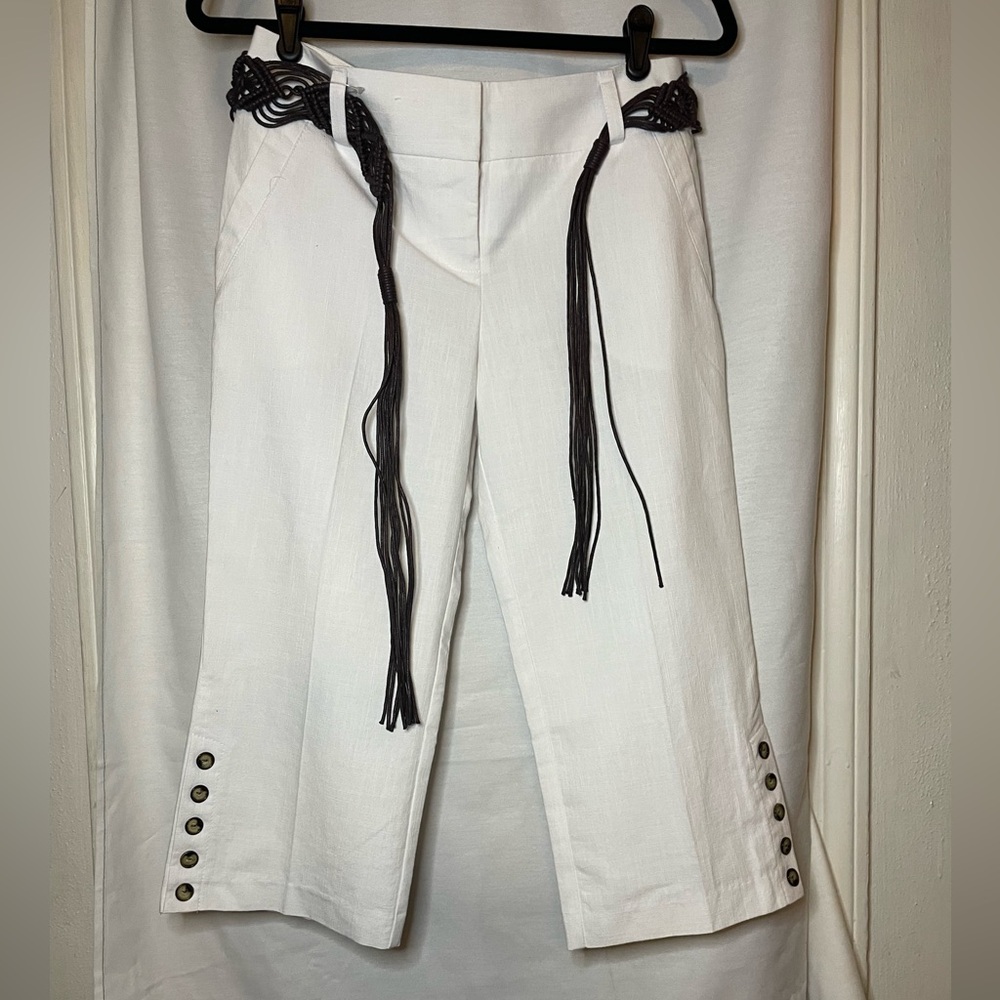 NWT BCX White Cropped Pants w/ Brown Fringe Tie Belt and Button Accents Size 7